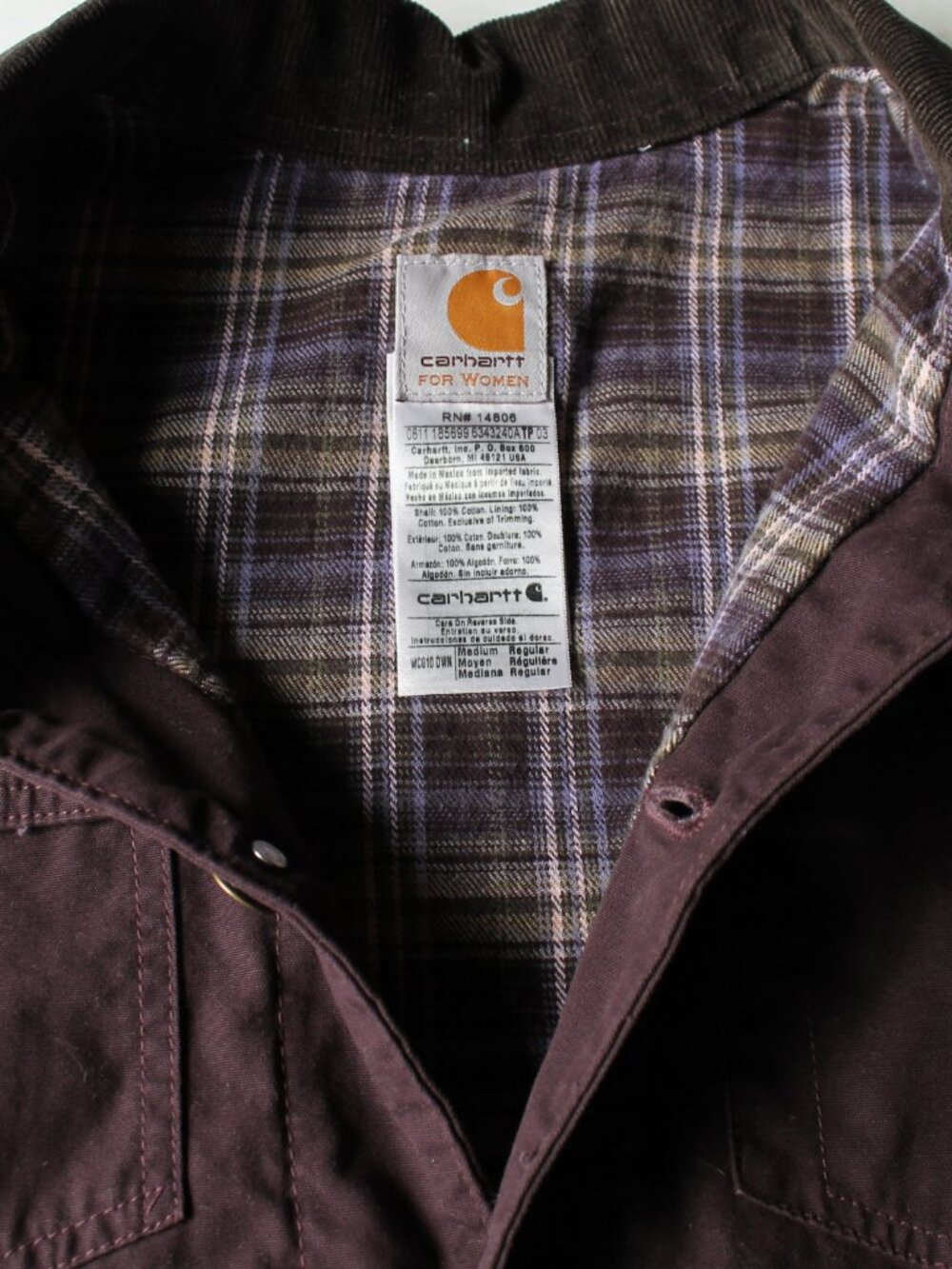 Carhartt Women Plaid Lined Canvas Work Jacket Corduroy Collar Purple Medium - Picture 7 of 8